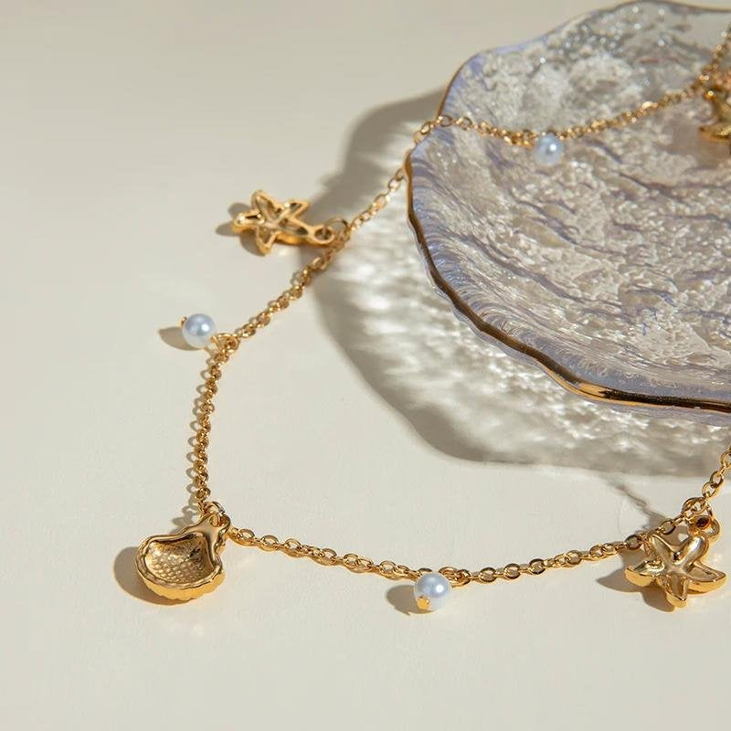 Gold Starfish Shell Necklace with Pearls
