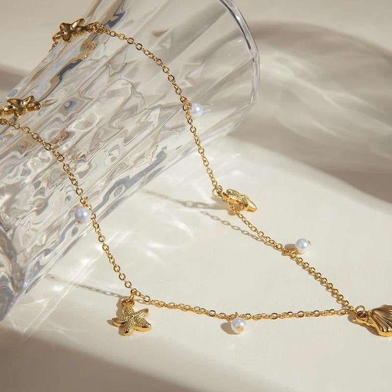 Gold Starfish Shell Necklace with Pearls