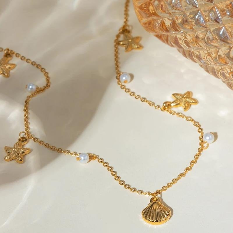 Gold Starfish Shell Necklace with Pearls