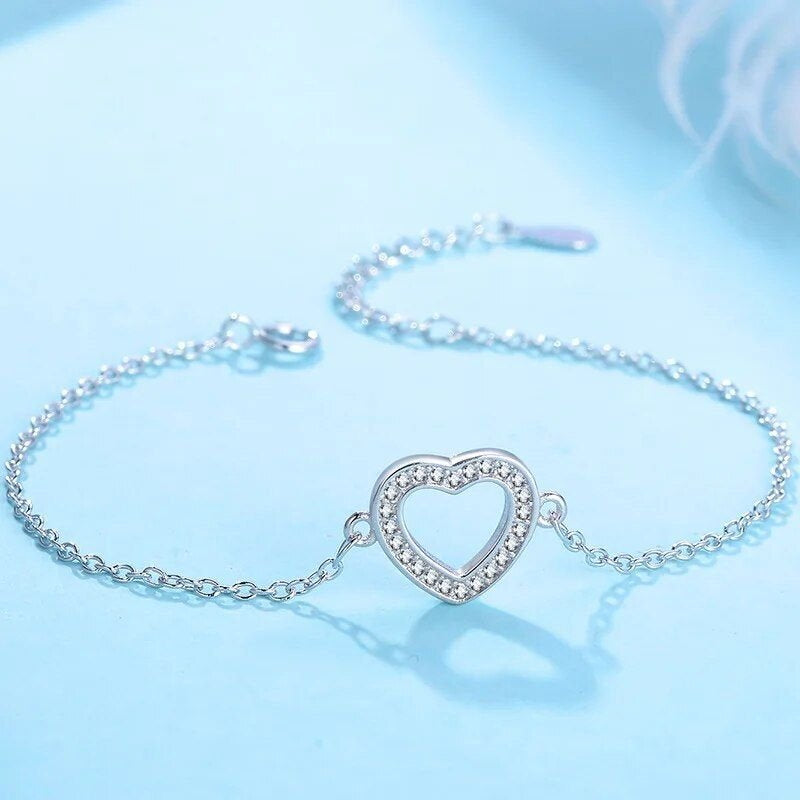 Sterling Silver Heart Charm Bracelet with Sparkle