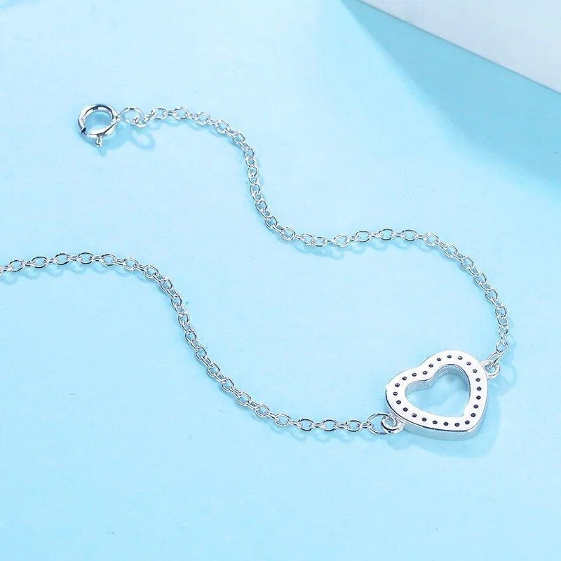 Sterling Silver Heart Charm Bracelet with Sparkle
