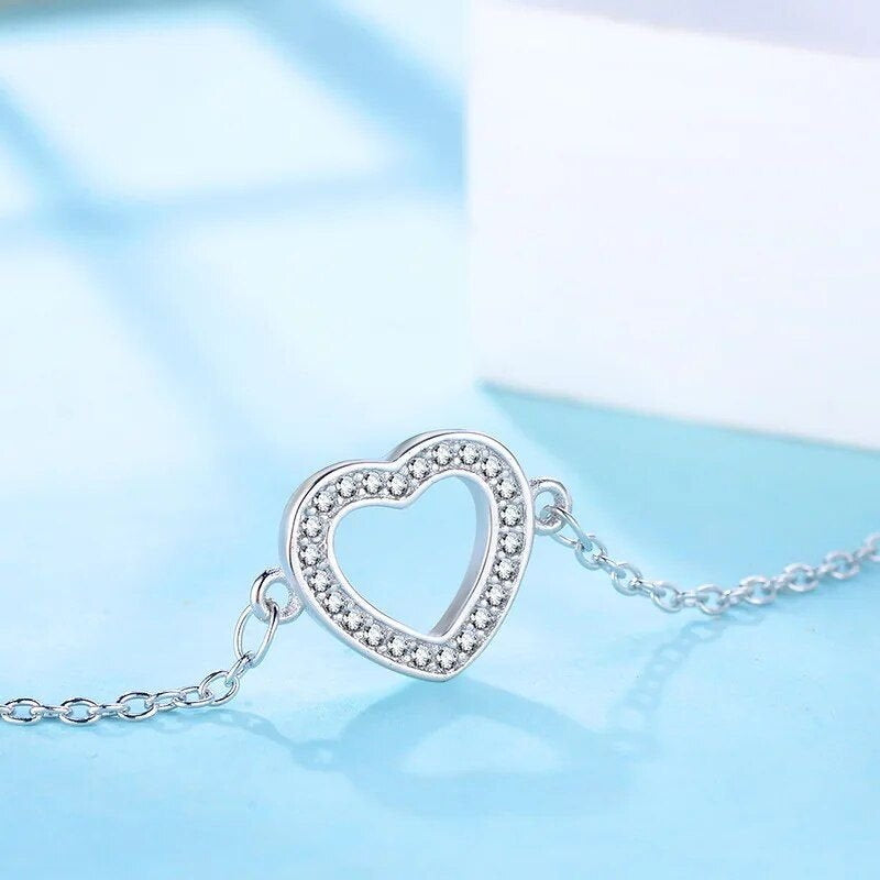 Sterling Silver Heart Charm Bracelet with Sparkle