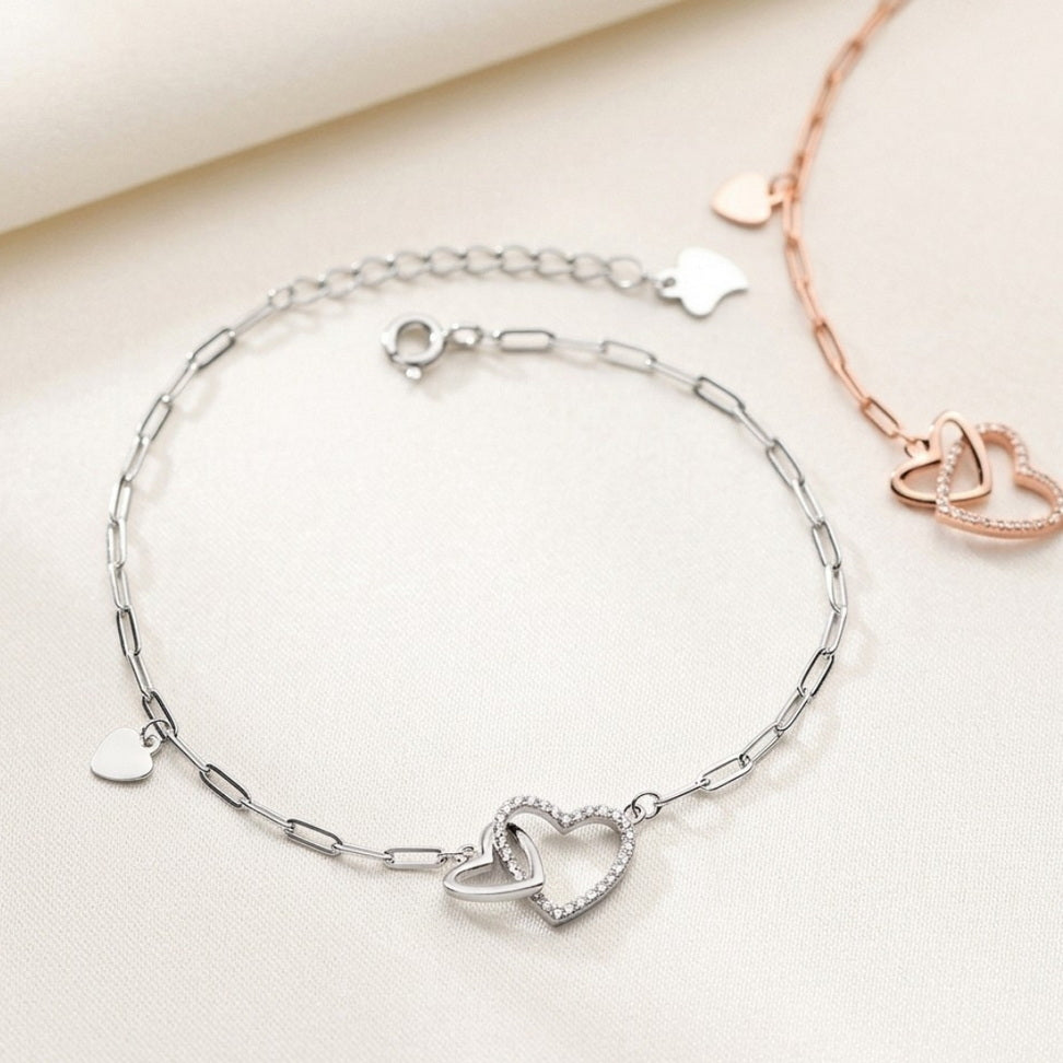 Double Heart Bracelet with Sparkling Zircon Layers
