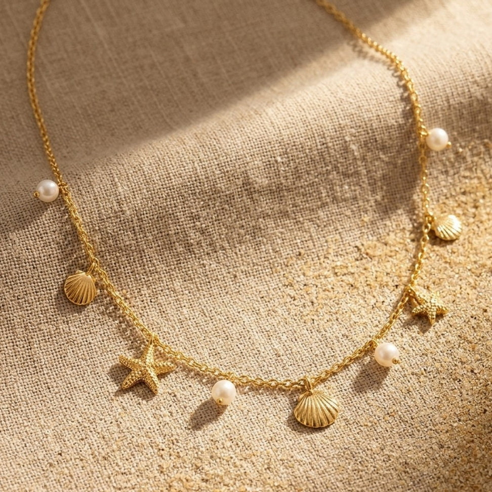 Gold Starfish Shell Necklace with Pearls