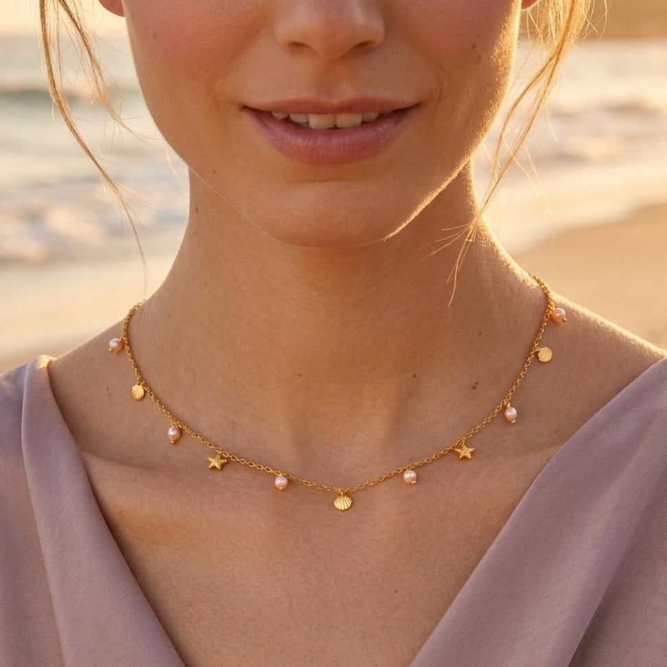 Gold Starfish Shell Necklace with Pearls