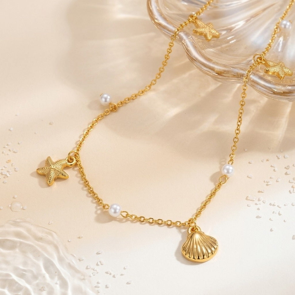 Gold Starfish Shell Necklace with Pearls