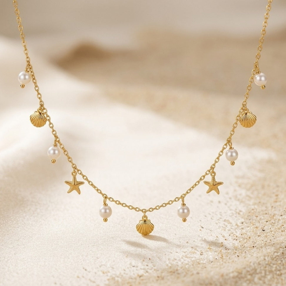Gold Starfish Shell Necklace with Pearls