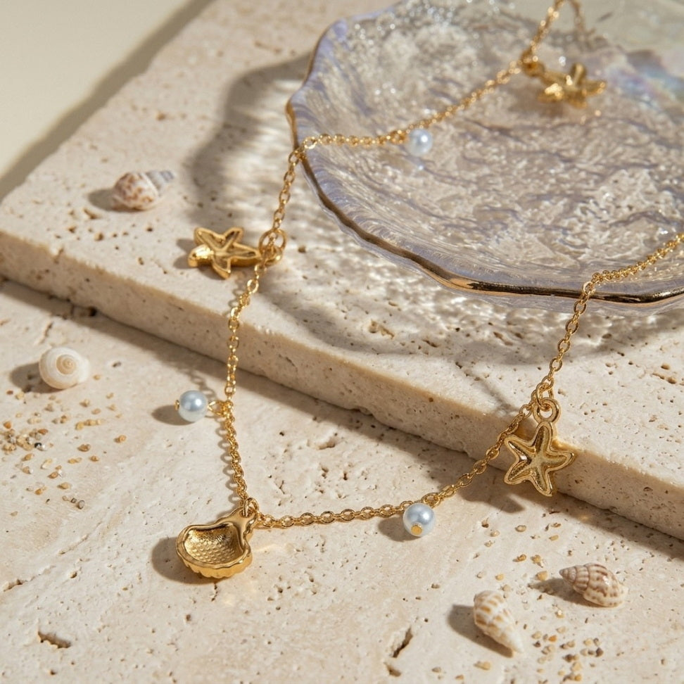 Gold Starfish Shell Necklace with Pearls