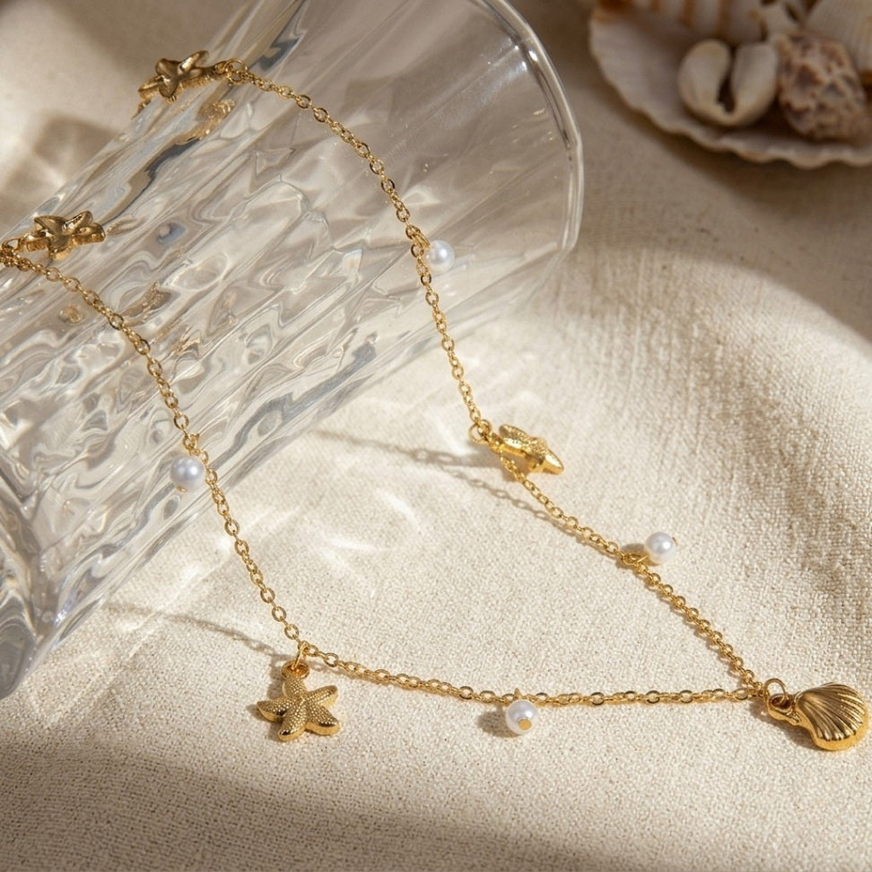 Gold Starfish Shell Necklace with Pearls