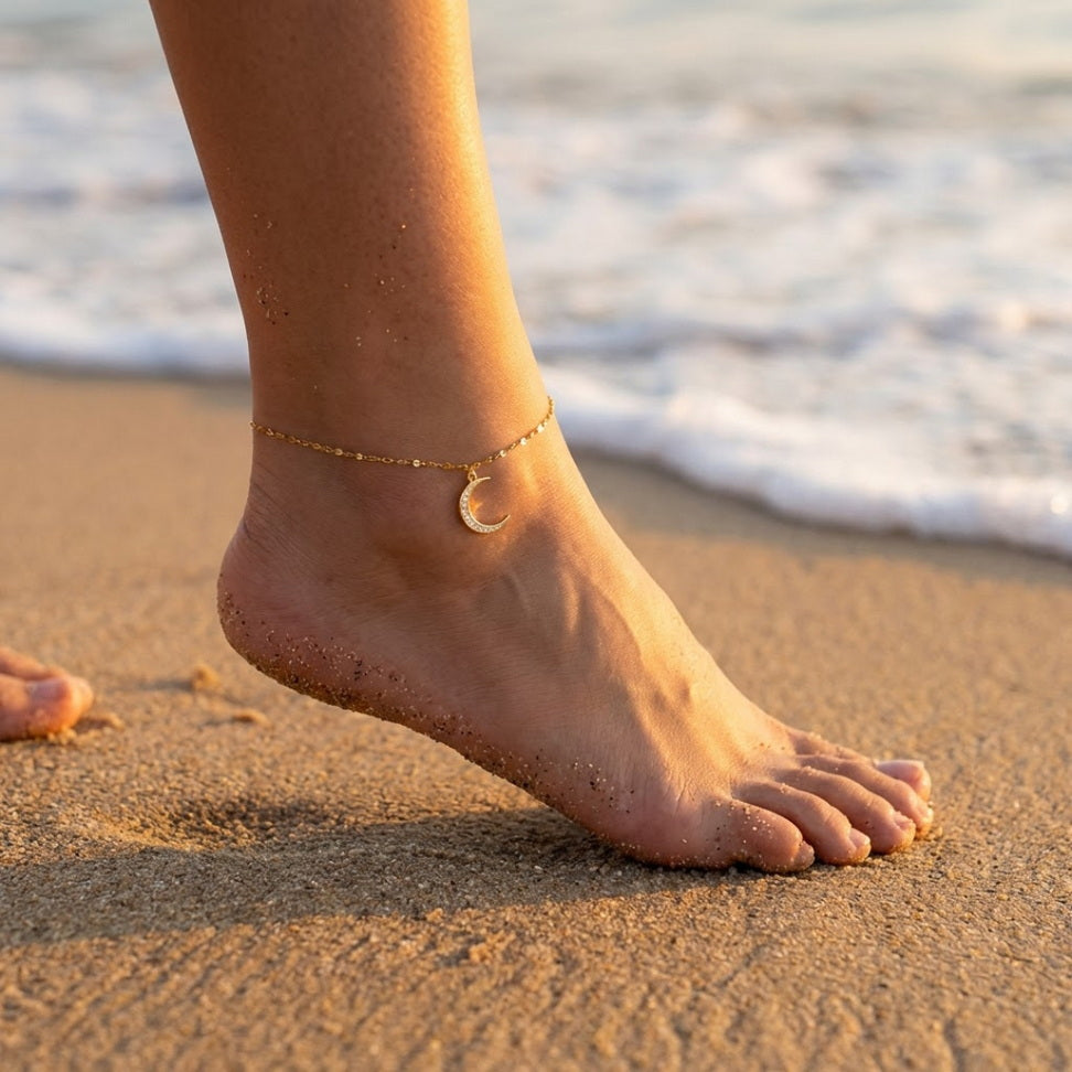 Moon Anklet with Mini Zircon Charm