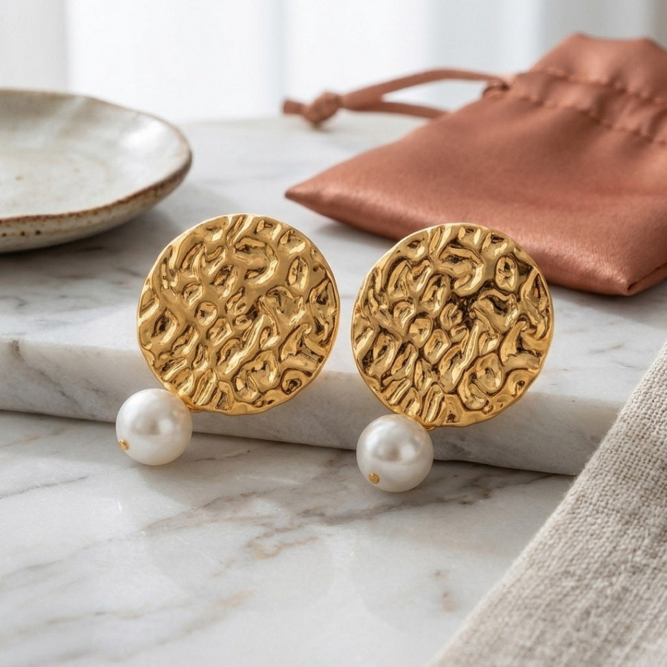 Retro Gold Hammered Pearl Earrings for Vintage Vibes