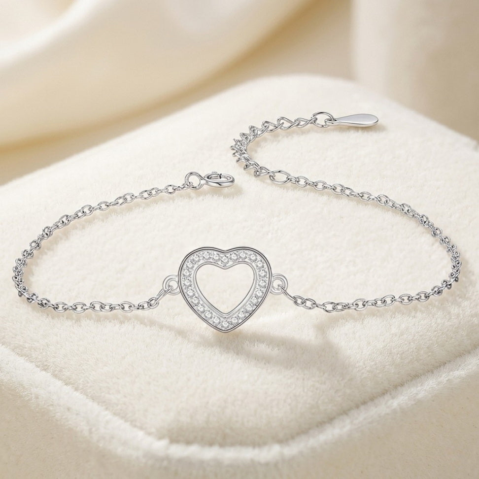 Sterling Silver Heart Charm Bracelet with Sparkle