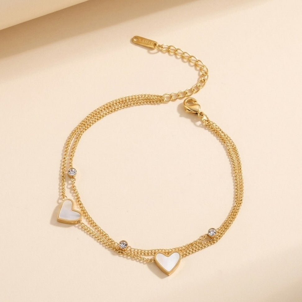 Stainless Steel Heart Anklet with Seashell & Zircon Charm