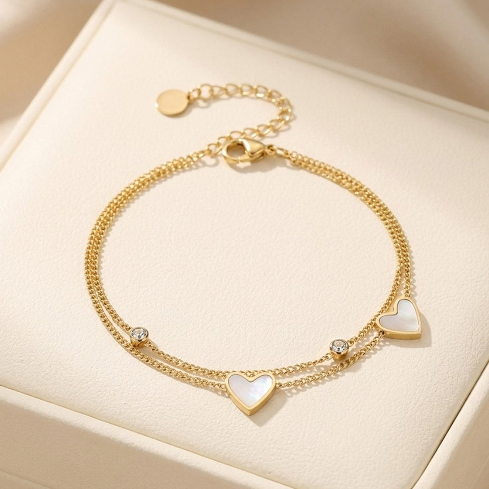 Stainless Steel Heart Anklet with Seashell & Zircon Charm