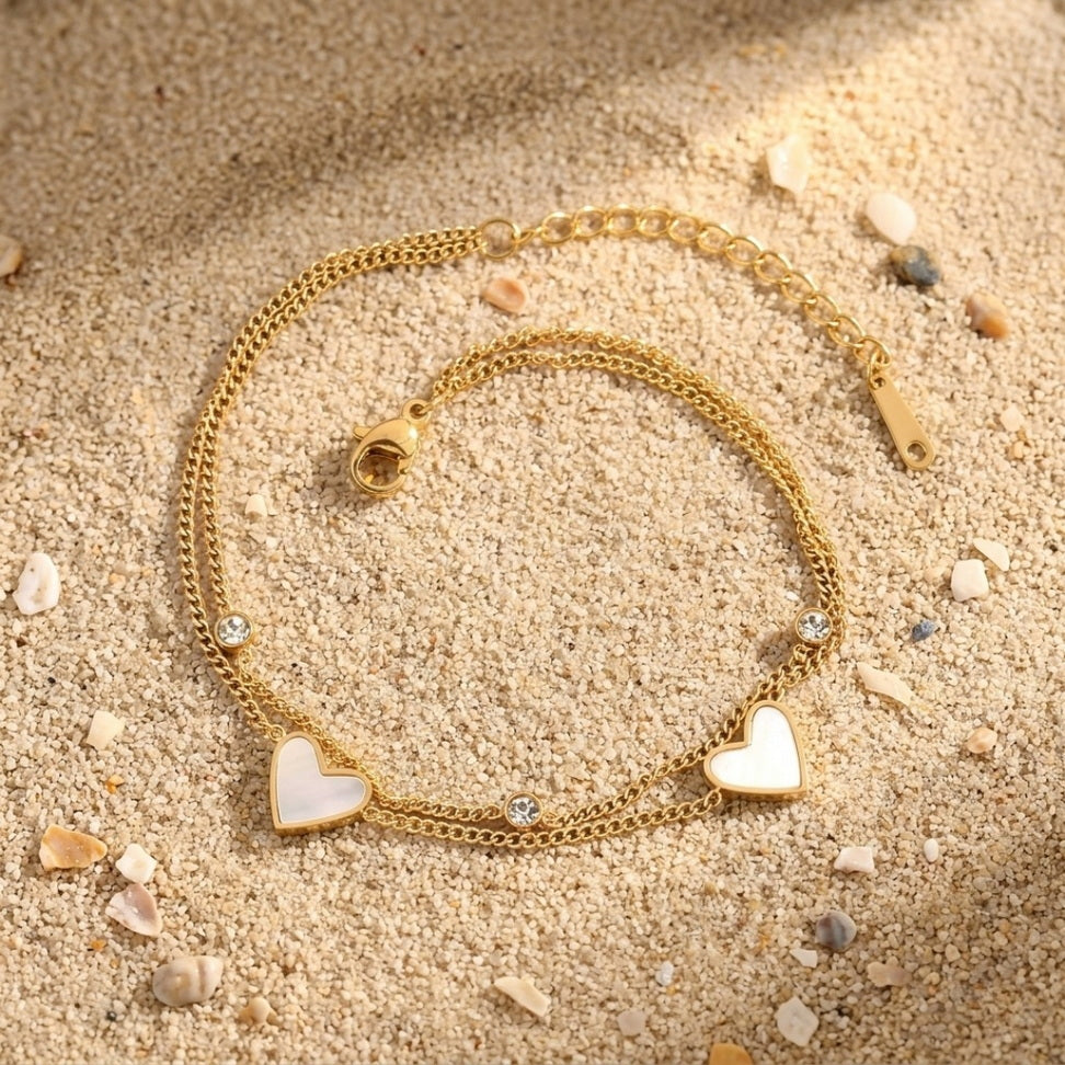 Stainless Steel Heart Anklet with Seashell & Zircon Charm
