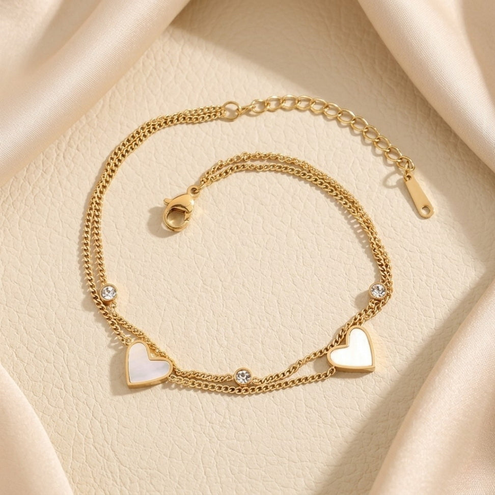 Stainless Steel Heart Anklet with Seashell & Zircon Charm