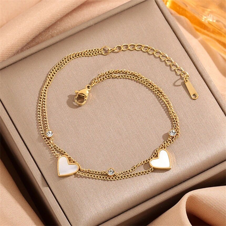 Stainless Steel Heart Anklet with Seashell & Zircon Charm