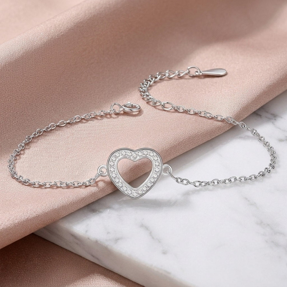 Sterling Silver Heart Charm Bracelet with Sparkle