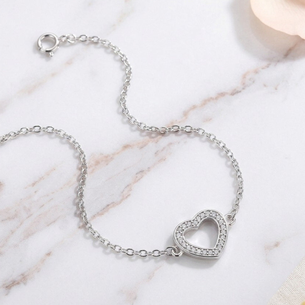Sterling Silver Heart Charm Bracelet with Sparkle