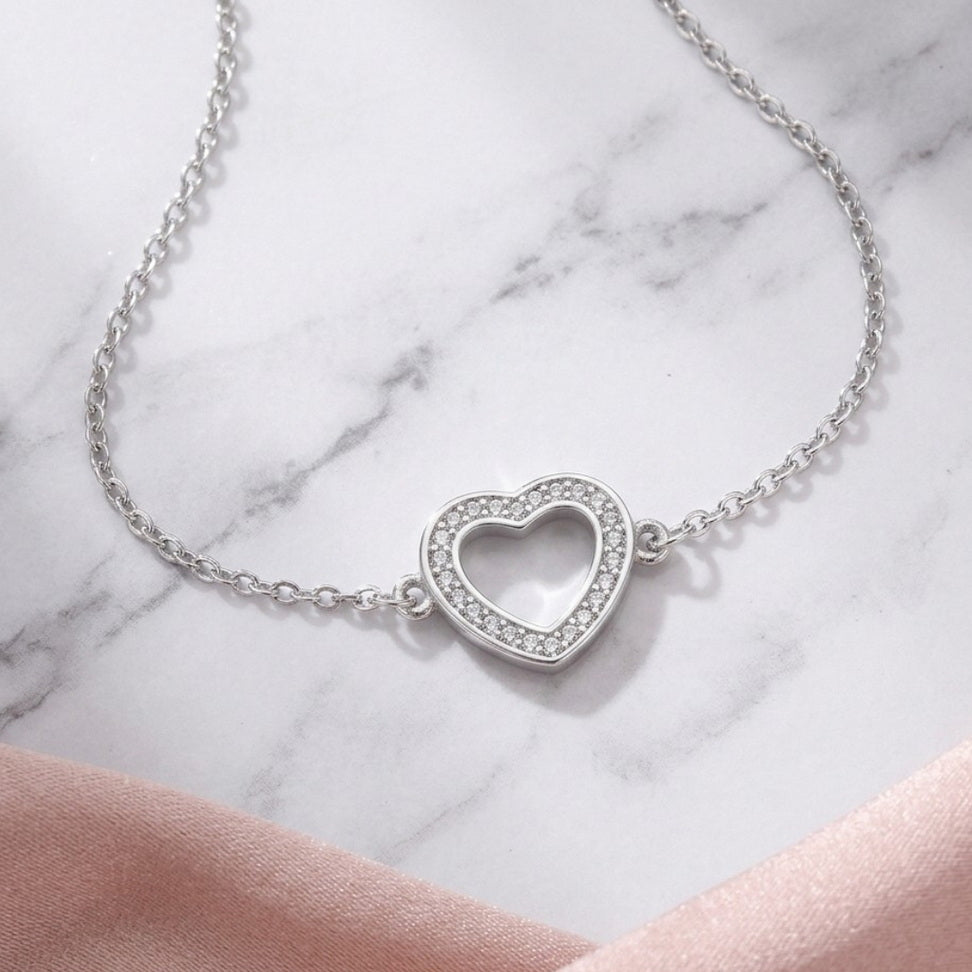 Sterling Silver Heart Charm Bracelet with Sparkle