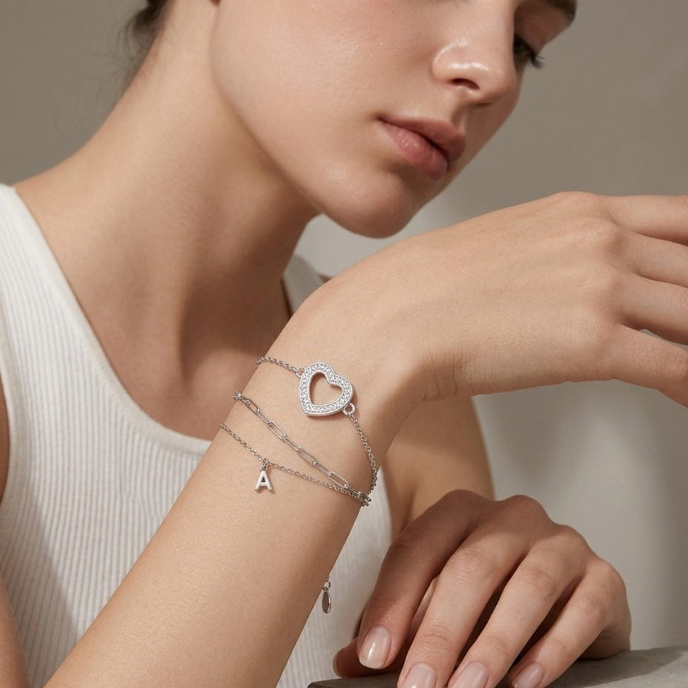 Sterling Silver Heart Charm Bracelet with Sparkle